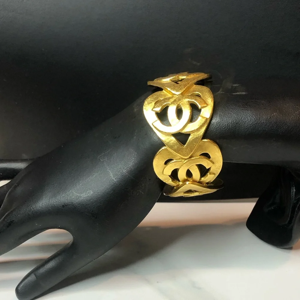 CHANEL Gold Statement Cuff Bracelet Interlocking CC Open Heart Design w/ Box